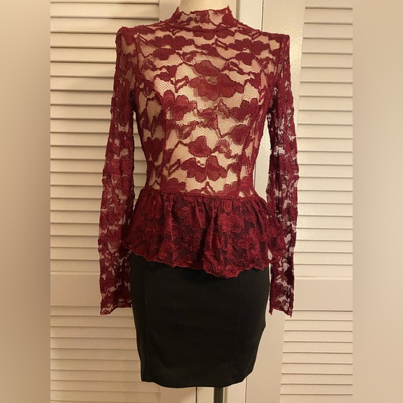 Forever 21 Tops - Forever 21 Burgundy Lace Long Sleeve mini Dress- Size M